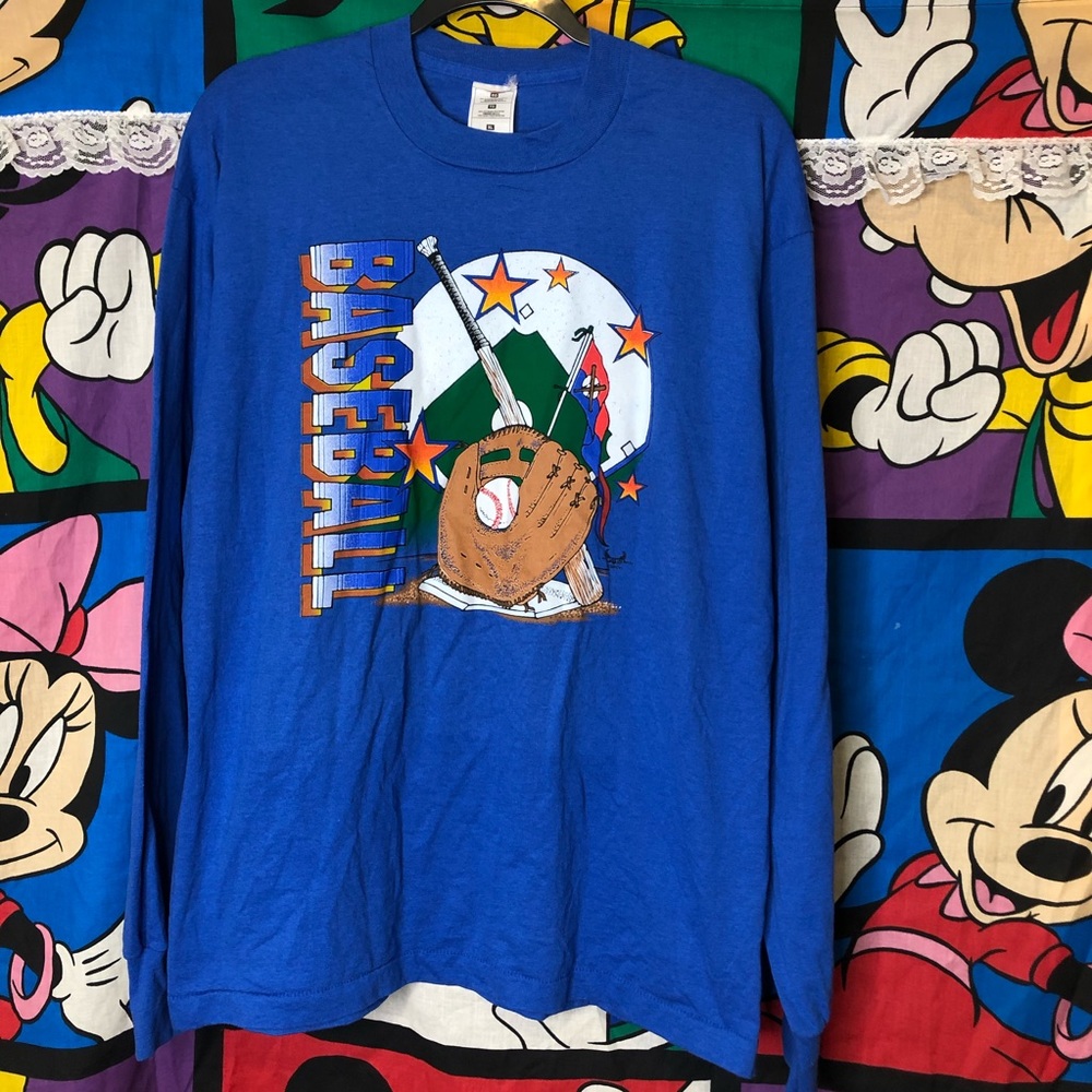 Vtg 90s Baseball spellout long sleeve blue shirt